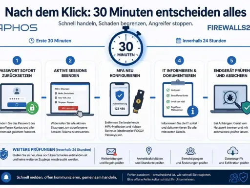 Schritte nach einem Klick, der auf Phishing bedeuten könnte: Passwort ändern, Sessions beenden, MFA neu konfigurieren, IT informieren, Endgerät prüfen. Schnelles Handeln ist entscheidend.