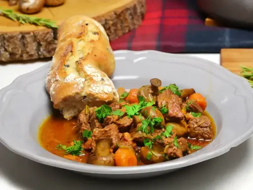 Wołowina po burgundzku z pieczarkami i marchewką, podana z chrupiącą bagietką. Aromatyczne danie, które rozpływa się w ustach.