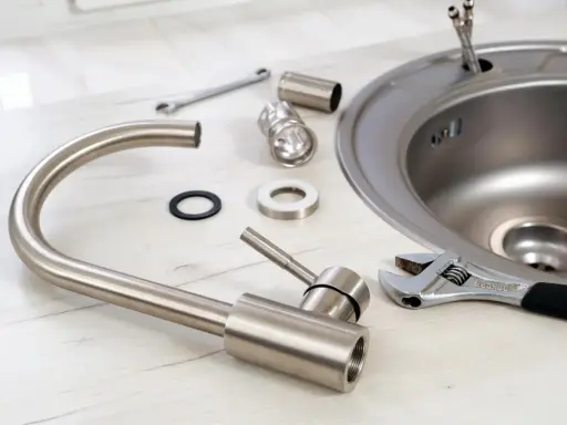 Partes de un fregadero y herramientas listas para su instalación. Llave inglesa, grifo desmontado y el propio fregadero de acero inoxidable.