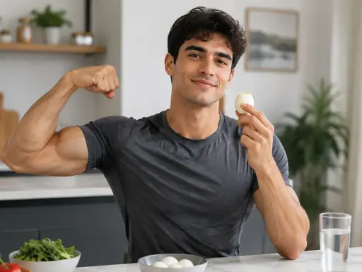 Muskulöser Mann zeigt Bizeps und hält ein gekochtes Ei. Er setzt auf proteinreiche Ernährung mit Ei für seine Fitness.
