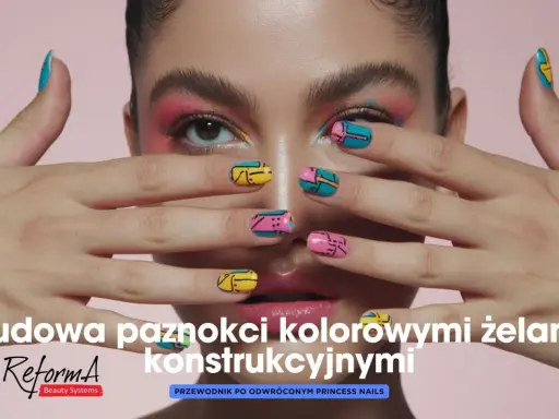 Paznokcie indigo inspiracje: kolorowe, geometryczne wzory na paznokciach w odcieniach różu, żółci i turkusu.