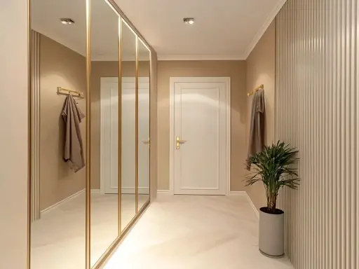 Elegancki przedpokój inspiracje ściany: lustrzana szafa, sztukateria i subtelne oświetlenie tworzą przytulną przestrzeń.