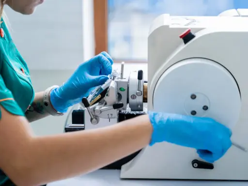 Laborantka w niebieskich rękawiczkach pracuje przy mikrotomie. Czy biopsja jest bezpieczna? Tak, dzięki precyzyjnym narzędziom i doświadczeniu.