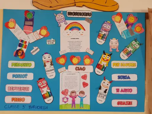 Un collage colorato con mostriciattoli sorridenti e cuori, che celebra "il sacco delle parole gentili" come gentilezza, grazie, scusa e per favore.