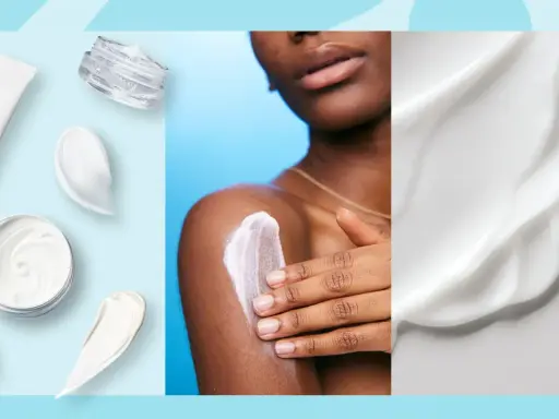 Krämer och lotions för hudvård, inklusive en person som applicerar kräm på armen. Karbamid i ansiktet kan ge återfuktning.