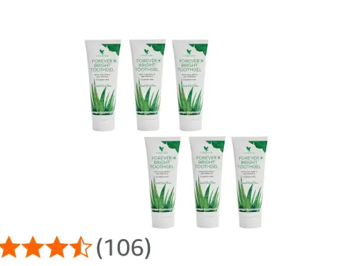 Siedem tubek pasty do zębów aloesowej Forever Bright Toothgel, z wizerunkiem aloesu i miętowym smakiem.