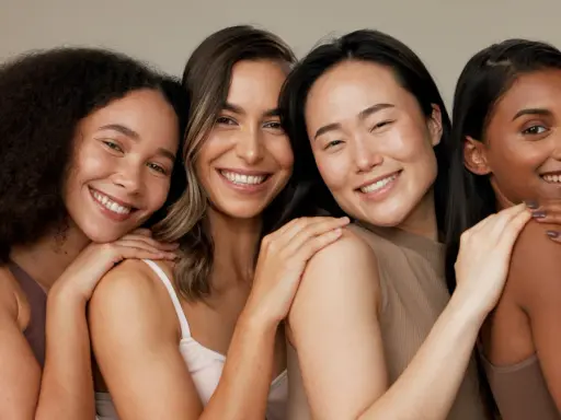 Quatre femmes souriantes aux teints variés, partageant un moment de complicité. Leur peau rayonne, signe qu'elles savent comment hydrater sa peau en profondeur.
