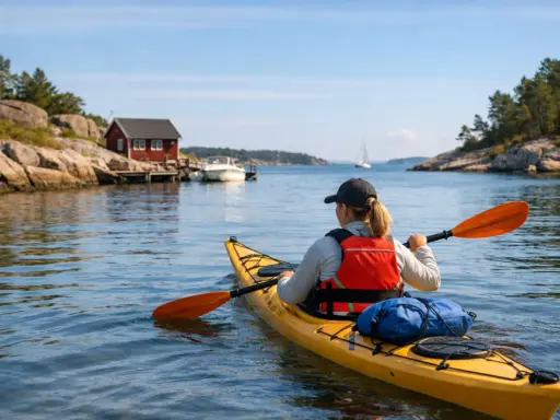 En person i gul kajak njuter av att **padla kajak** i en vacker skärgårdsmiljö med röda hus och segelbåt i bakgrunden.