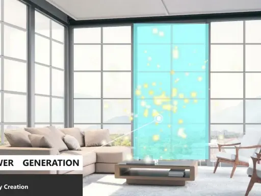 Ventajas del vidrio: una ventana moderna genera energía, iluminando el espacio con partículas brillantes.