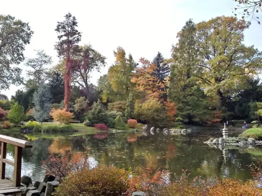 Jesienna odsłona jednego z najpiękniejszych ogrodów botanicznych w Polsce. Drewniany mostek, staw z odbiciami drzew i kamienna latarnia tworzą malowniczy krajobraz.