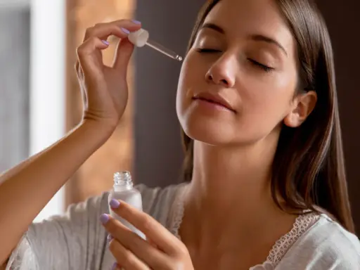 Una mujer aplica serum en su rostro con un gotero. Descubre qué es serum y cómo puede mejorar tu piel.