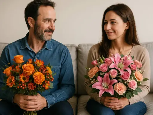 Un couple échange des sourires, chacun tenant un bouquet. Les fleurs, aux couleurs vives, portent une belle signification.