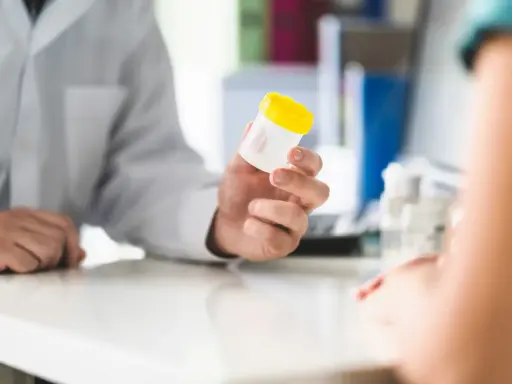 Lekarz podaje pacjentowi pojemnik na mocz, sugerując potrzebę diagnostyki w kierunku krwiomoczu, co jest pierwszym krokiem do ustalenia leczenia domowego.