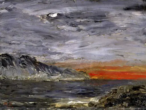 August Strindberg konst: Dramatisk kustvy med mörka berg, stormigt hav och en glödande solnedgång.