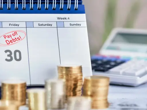 Kalendarz z zaznaczonym "Pay off Debts!" i sterty monet. Długi w ZUS to jak więzienie, ale spłata to wolność.