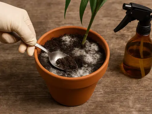 Schimmel auf Blumenerde in einem Terrakotta-Topf. Eine Hand mit Handschuh entnimmt mit einem Löffel Erde. Daneben steht eine Sprühflasche.