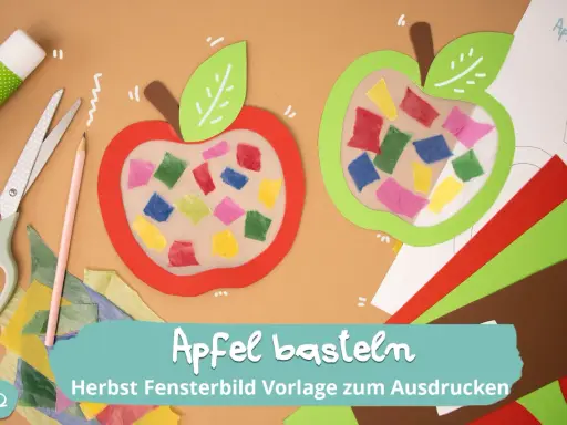 Bunte Papierstücke füllen die Fenster von zwei Apfel-Bastelvorlagen. Schere, Klebestift und Buntstift liegen bereit.