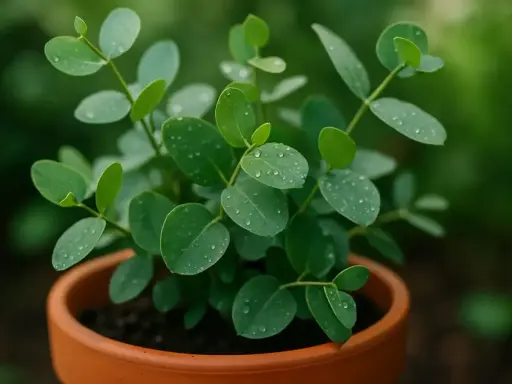 Młody eukaliptus w doniczce, z listkami pokrytymi kropelkami wody, wygląda jak miniaturowy las po deszczu.