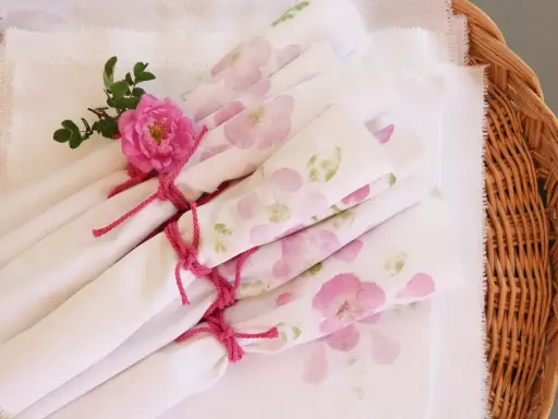 Vita tygservetter med rosa blommor, bundna med rosa snöre och dekorerade med en ros. Vackert dukat för en sommarfest.