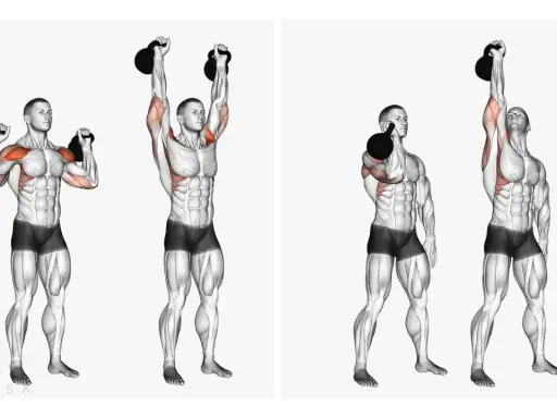 Mann hebt Kettlebells über den Kopf. Übung für den **Kettlebell Schulter**-Bereich.