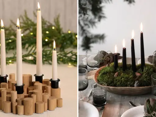 Två adventsljusstake-inspo: en med vita ljus på trästubbar, en annan med svarta ljus i en mossig skål.