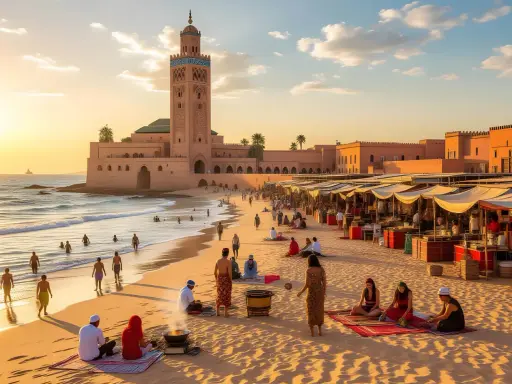 Ein Strand mit Menschen, die baden und entspannen, während im Hintergrund eine Moschee und ein Markt zu sehen sind. Hier liegt Marrakesch am Meer, ein malerischer Anblick.