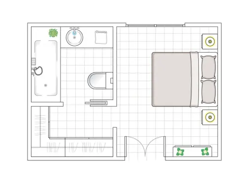 Plano de medidas habitación matrimonio con baño y vestidor. Incluye cama, dos mesitas, bañera, inodoro, lavabo y armarios.