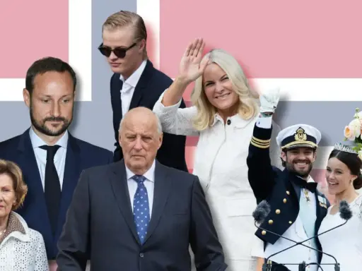 Królewska rodzina Norwegii: Król Harald V, królowa Sonja, książę Haakon, księżna Mette-Marit i książę Sverre Magnus.