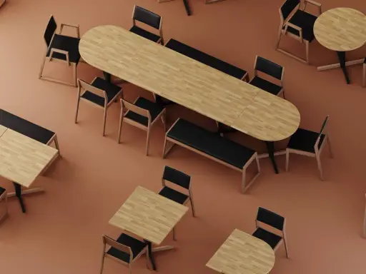 Ensemble de tables et chaises en bois clair et noir, parfait pour l'art de la table professionnel.