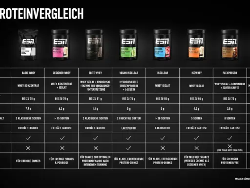 Vergleichstabelle von ESN Proteinen: Viele Produkte sind laktosefrei, ideal für Sportler mit Laktoseintoleranz.