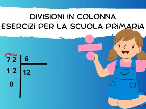 Bambina sorridente con simbolo di divisione, esercizio di divisione come distribuzione schede per la scuola primaria.