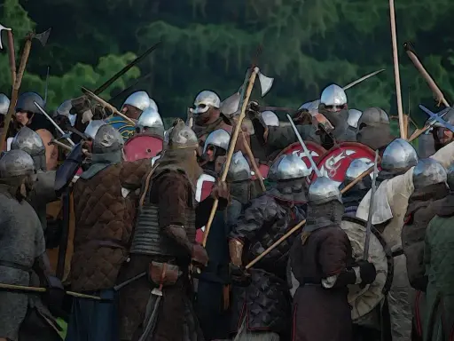 En grupp svensk viking krigare i strid, beväpnade med yxor och svärd, redo att försvara sitt land.