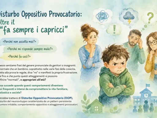 Un bambino di 1 anno con espressione arrabbiata, circondato da genitori preoccupati. Il testo parla di bambini iperattivi e disturbo oppositivo provocatorio.