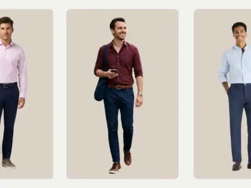 Three men in navy pants. One wears a pink dress shirt, another a burgundy shirt, and the third a light blue shirt.
