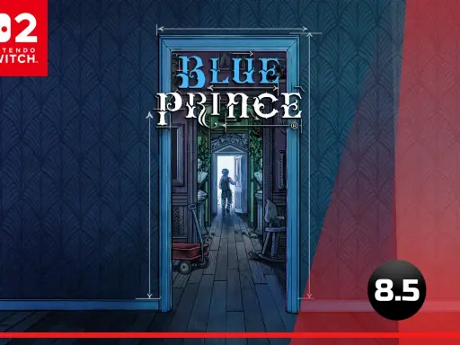 Okładka gry "Blue Prince" na Nintendo Switch. Wąski korytarz z drzwiami na końcu, przez które widać postać.