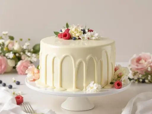 Gâteau élégant avec un glaçage sans chocolat blanc, décoré de fruits rouges, de baies et de fleurs fraîches.