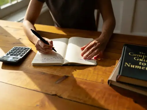 Une personne écrit dans un carnet, une calculatrice à côté. Un livre "The Complete Guide to Numerology" est posé sur la table.