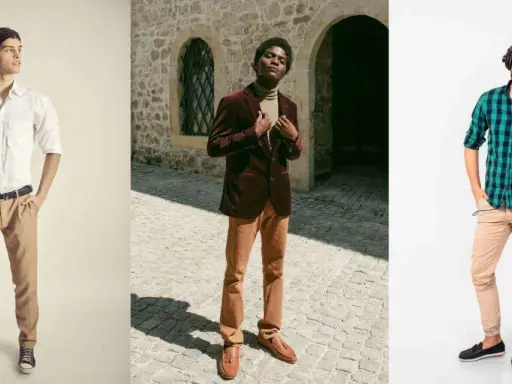 Three men showcase stylish outfits. The first wears a white shirt and camel pants. The second, a burgundy jacket over a tan turtleneck and camel pants. The third, a green plaid shirt and camel pants. These looks demonstrate what colors go with camel.