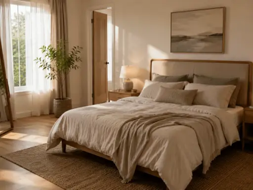 Dormitorio sereno con cama de estilo feng shui, luz natural, espejo y planta.