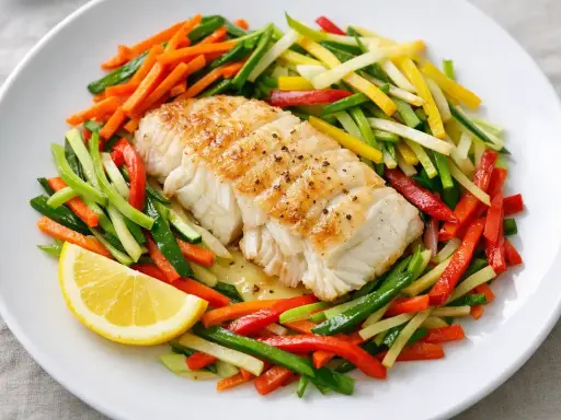 Filet de julienne poêlé, servi avec un mélange coloré de légumes coupés en julienne et un quartier de citron.