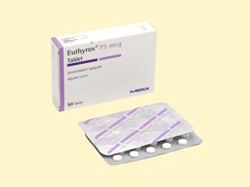 Opakowanie i blister tabletek Euthyrox 75 mcg, stosowanych w leczeniu niedoczynności tarczycy.
