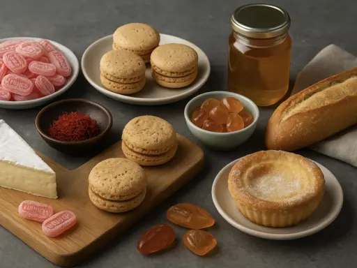 Douceurs et fromages, un aperçu de la spécialité culinaire parisienne : macarons, bonbons, miel, pain, camembert et tartelette.