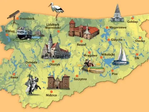 Mapa turystyczna Warmii i Mazur z zamkami, jeziorami, żaglówką, kajakarzami i bocianem.