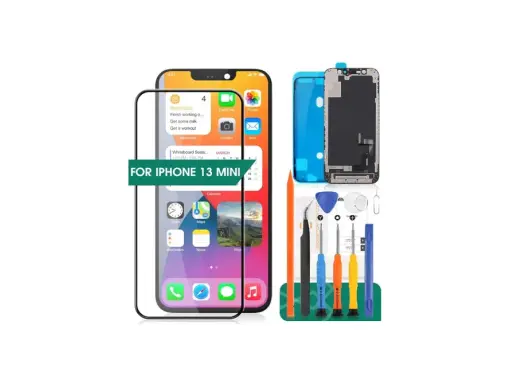 Zestaw do wymiany ekranu iPhone 13 mini: nowy wyświetlacz, narzędzia i folia ochronna.