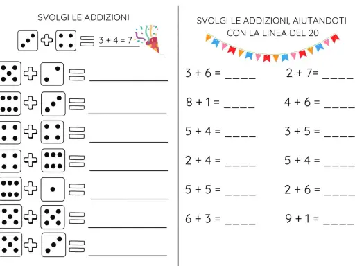 Verifica di matematica per la classe terza elementare: addizioni con dadi e linea del 20.