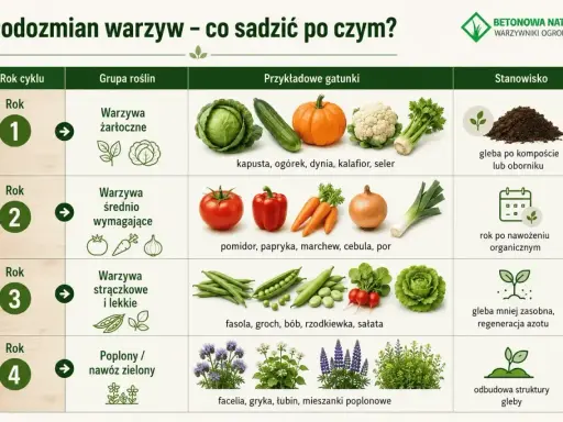 Plan sadzenia warzyw: rok 1 - żarłoczne (kapusta, dynia), rok 2 - wymagające (pomidor, marchew), rok 3 - strączkowe (fasola, groch), rok 4 - poplony.