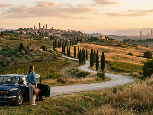 Donna con mappa accanto a un'auto d'epoca in un paesaggio collinare toscano, con borghi medievali e vigneti. Un perfetto itinerario toscana.