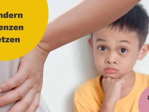 Ein Junge mit traurigem Blick lehnt an einer Wand. Eine Hand liegt auf seiner Schulter, als würde sie ihm Halt geben. Der Text "Kindern Grenzen setzen" steht auf einem gelben Kreis.