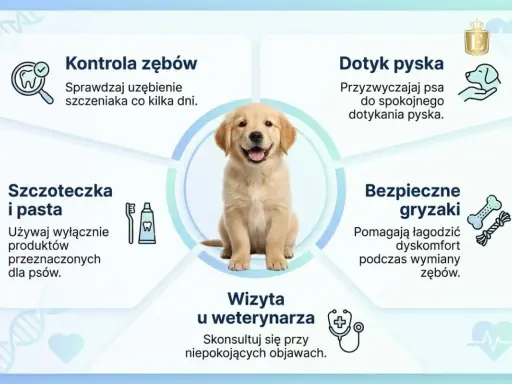 Uroczy szczeniak golden retrievera w centrum grafiki. Wokół niego wskazówki dotyczące pielęgnacji zębów psa, w tym kontrola, szczotkowanie, dotyk pyska, gryzaki i wizyta u weterynarza. Zapobiegaj wypadaniu zębów u psa dorosłego.