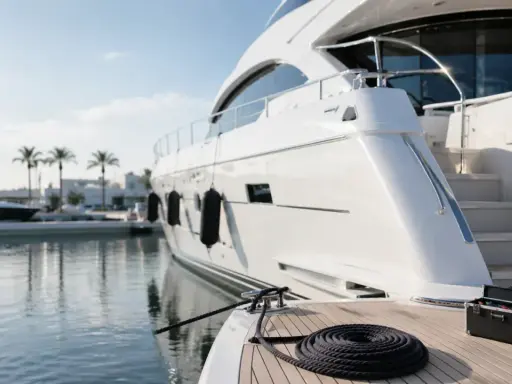 Un yacht blanc est amarré dans un port. Une corde est enroulée sur le pont. Le prix de l'entretien du bateau est élevé.